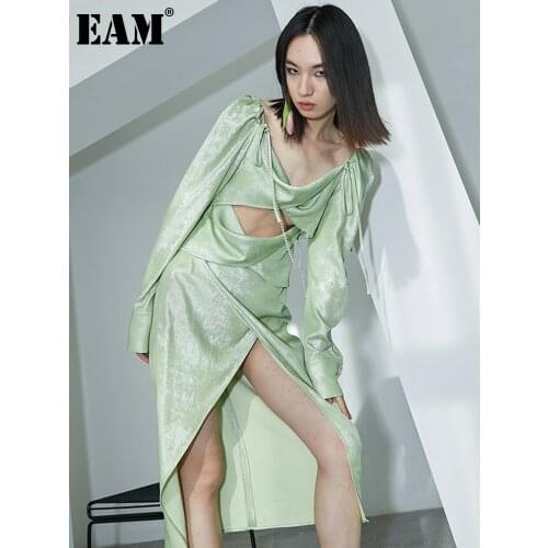 [EAM] Women Vintage Bandage Hollow Out Pearl Chain Irregular Dress New Long Sleeve Loose Fit Fashion Spring Autumn 2021 1DD4762