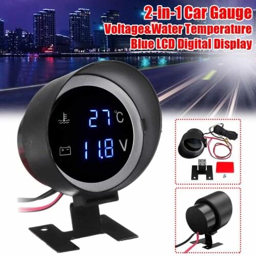 12/24V 2-In-1 Car Round Blue LCD / Red LED Digital Display Water Temp Temperature Meter & Voltmeter Gauge
