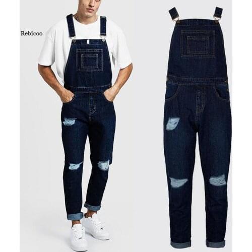 Mens New Ripped Distressed Jeans Jumpsuits High Street Holes Denim Bib Overalls Streetwear