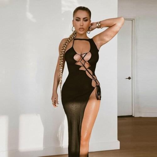 DSMTRC 2021 Women Fashion Halter Solid Hollow Out Bandage Bodycon Slim Dress Sexy Y2K Streetwear Revealing String Summer Fall