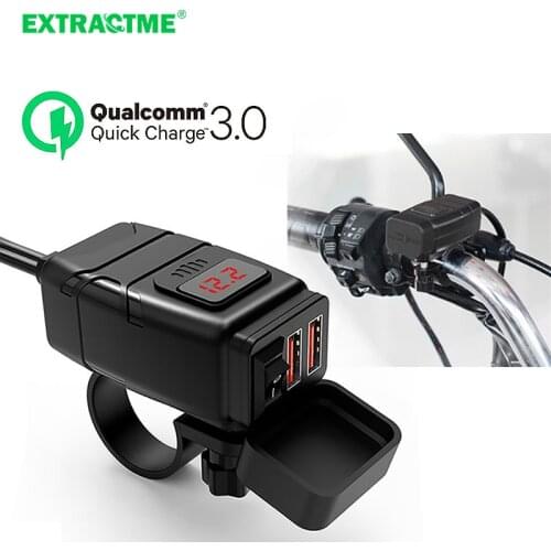 Dual USB Port 12V Waterproof Motorcycle Handlebar Charger Quick Charger 3.0 with Voltmeter USB Motorcycle Charger