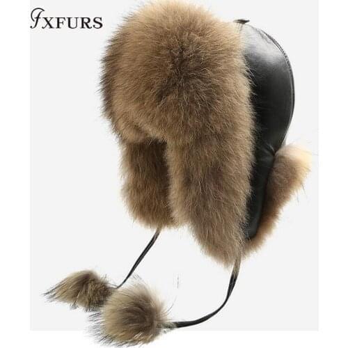 FXFURS 2020 Womens Winter Raccoon Fur Hats with Leather Tops Ear Flaps Bomber Hats Russian Ushanka outdoor Leifeng Fox Fur Caps