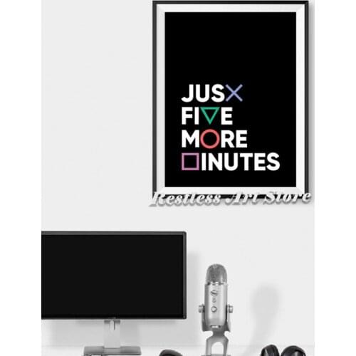 Gamer Gaming Geek Wall Art Prints Playstation Buttons Just Five More Minutes Canvas Painting Gamepad Controller Boys Room Decor