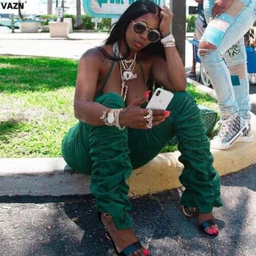 VAZN Special 2020 summer sexy lady green solid 2-piece long set bikini short tops long pleated pants set lady sexy club new sets