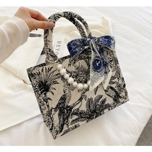 Pearl Handle Canvas Small Crossbody Bags for Women 2021 Summer Fashion Branded Trendy Luxury Shoulder Handbags Landscape Map