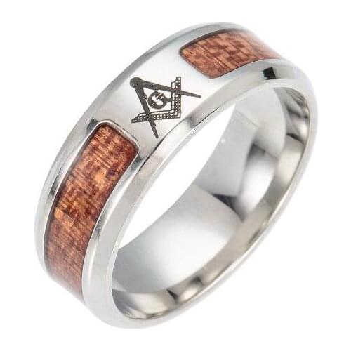 Stainless Steel Wood Inlaid Rings Cross Acacia Tree Freemason Mansonic Ring Men Fashion Jewelry Accessory Wholesale 10pcs/lot