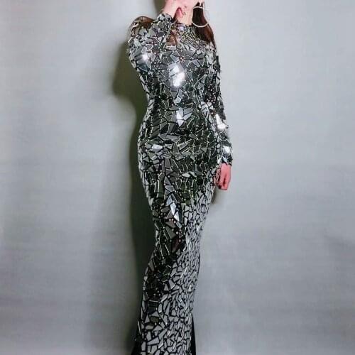New Design Bling Full Mirrors Rhinestone Long Dress Women Evening Birthday Prom Celebrate Party Tail Dress Black Stage Costume