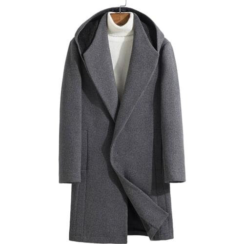 Autumn Winter Woolen Coat Men Hooded Long Wool Coat Windbreaker Men Thick Woolen Coat Jacket