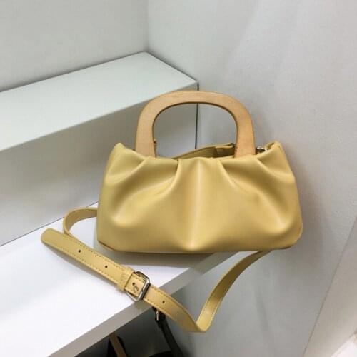 PU Leather Pleated Women Handbag Solid Wooden Handle Woman Shoulder Bags Solid Retro Adjustable Crossbody Bag Luxury Purse