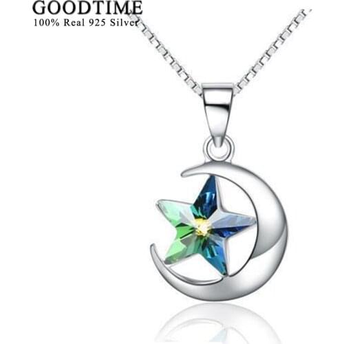 Authentic 925 Sterling Silver Necklace Moon & Star Shape Blue Crystal Pendant Necklaces for Women Sterling Silver Jewelry Gifts
