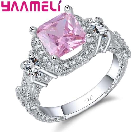 Romantic Pink Square CZ Crystal Finger Rings 925 Sterling Silver Prong Setting Jewelry for Women Bridal Wedding