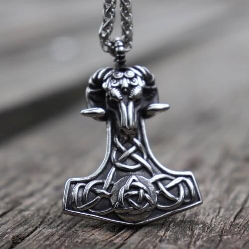 Nordic Viking Mjolnir Thors Hammer Sheep Head Stainless Steel Scandinavian Pagan Norse Totem Odin Pendant Necklace Men Amulet