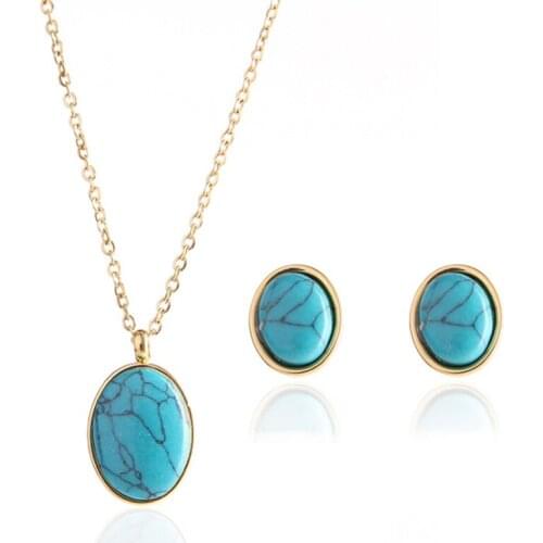 Light Yellow Gold Color Stainless Steel Oval Shape Pendant Necklace Stud Earrings Green Turquoises Stone Jewelry Sets