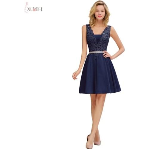Navy Blue Chiffon Short Homecoming Dresses 2019 Sexy Lace Applique Graduation Gown V Neck Sleeveless vestidos de graduacion
