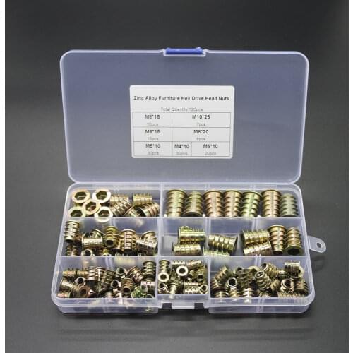 High-quality 120pcs M4 M5 M6 M8 M10 Zinc Alloy Furniture Hex Drive Head Nut Threaded For Wood Insert Metric Kit NO.E011