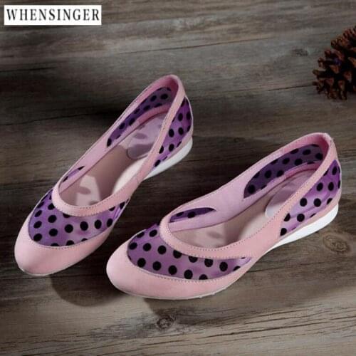 Whensinger - Women Flat Shoes Vintage Elegant loafers Genuine Leather Casual Net yarn Breathable Wave point Flats Shoe