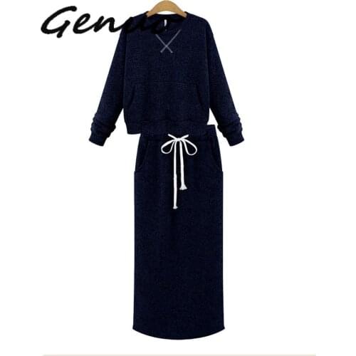 Genuo New Two Piece Set Women Cashmere Hoodie Tops Pockets Gray Casual Calf-Length Skirt Lace Up Maxi Dress Suit Female Outwear