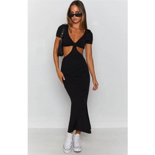 Women Sexy Long Dress Solid Deep V-neck Short Sleeve Vacation Knitted Bodycon Party Dresses Elegant Fashion Chic Outwear