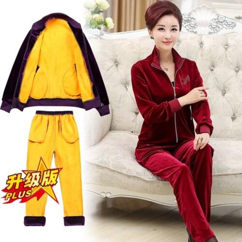 Winter Thick Warm Sporting 2 Piece Sets Middle-aged Women Gold Velvet Sportswear Sets Suit Plus Size Loose Tracksuit Coat+Pants