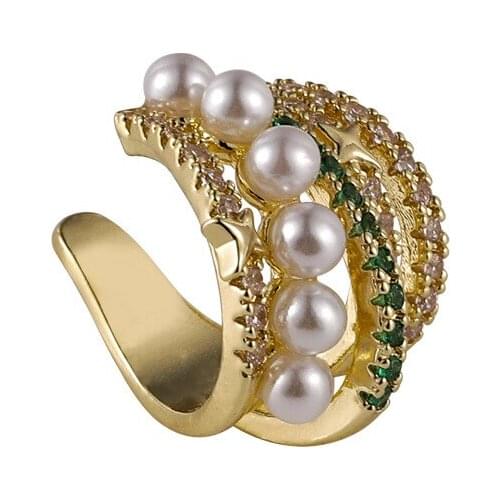 1PC Fashion Green Zircon Ear Cuff Clip On Earring No Piercing Wide Multilayer Crystal Imitation Pearl Ear Clip For Women Jewelry