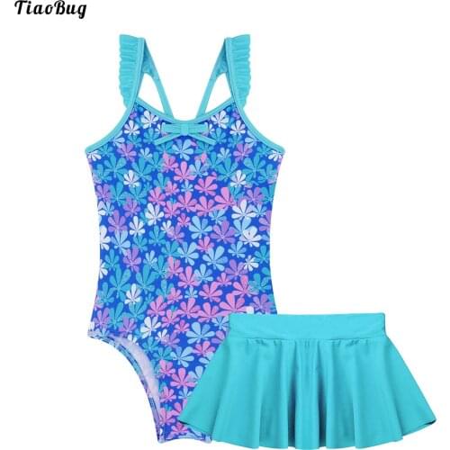 TiaoBug Summer 2Pcs Kids Girls Swimsuit V Neck Straps Fish Scale Print Jumpsuit And Skirt Set Beach Bikini Swimwear Bathing Suit