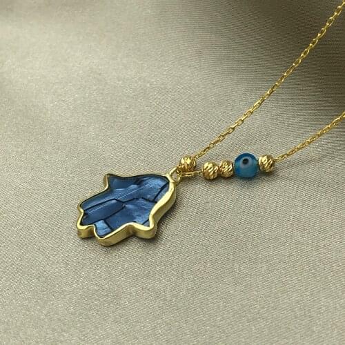 925 Gümüş Nazar boncuklu fatma ana eli figürlü Kolye