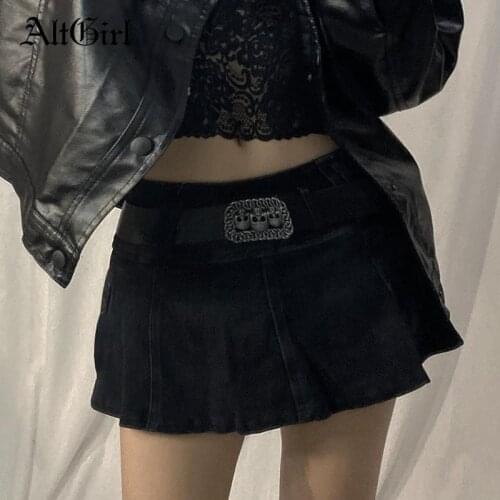 AltGirl Emo Dark Gothic Denim Skirt Women Harajuku Street Y2k E-girl Retro Grunge High Waist Zipper Pockets Mini Clubwear Skirt