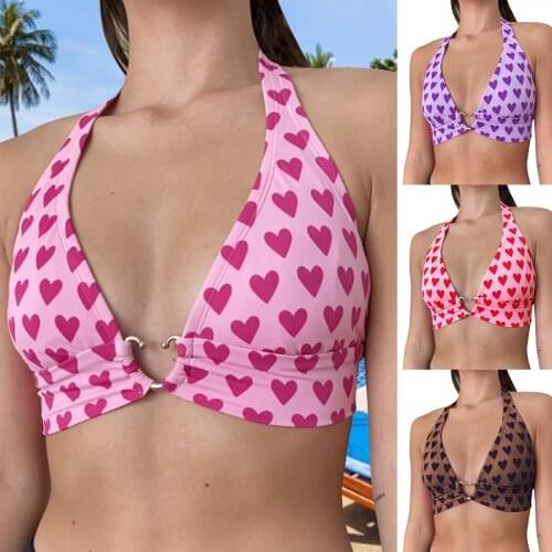 Women V Neck Sport Bra Beachwear Bralette Sexy Swimwear Soft Top Y2K Fashion Sexy Halter Neck Tie Love Ring Print Umbilical Vest