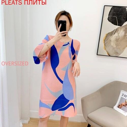Miyake Pleated Vestido 2021 Summer New Pleated Bottoming Dress Three-quarter Sleeves Round Neck Loose A-line Dress Show Thin