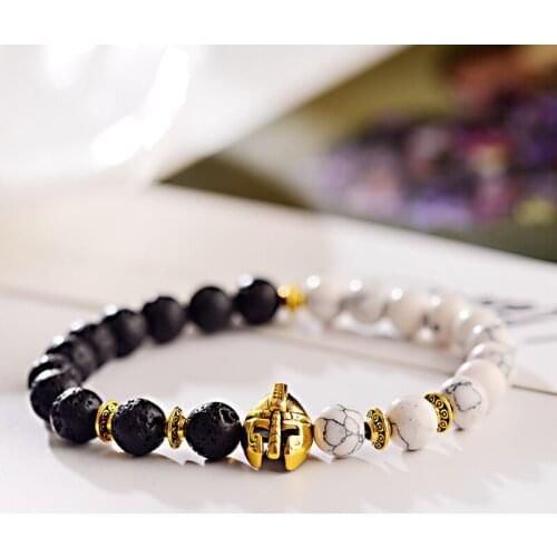 Charm Men Knight Helmet Bracelet Natural Lava Stone Black&White Bead Elastic Bracelets Fashion Chakra Bangles