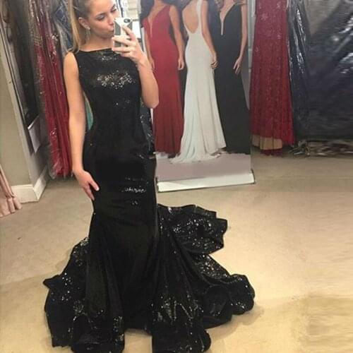 Charming Mermaid Prom Dress 2020 Scoop Neck Sequin Black Prom Dresses V-back Floor-length vestido de formatura