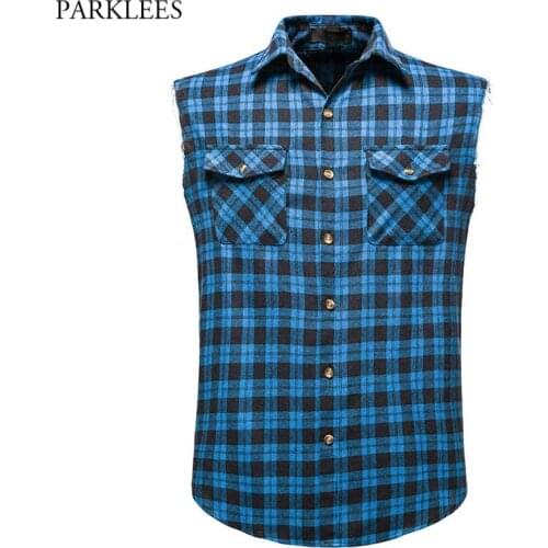 Blue Plaid Sleeveless Shirt Men Double Pocket Cowboy Style Button Down Shirts Mens Cotton Flannel Casual Beach Party Shirt 2XL