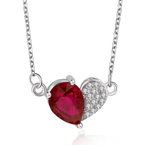 UFOORO Sweet Love Heart Sterling Silver 925 Necklace Cute Wild Fashion heart-shaped Dark Red Zircon Chain Necklace For Woman