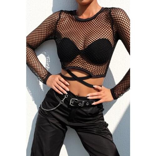 Women Hollow Out Sexy Fishnet Mesh Sheer Crop Top Long Sleeve Bodycon See-Through Transparent T-Shirt Tee Tops Clubwear