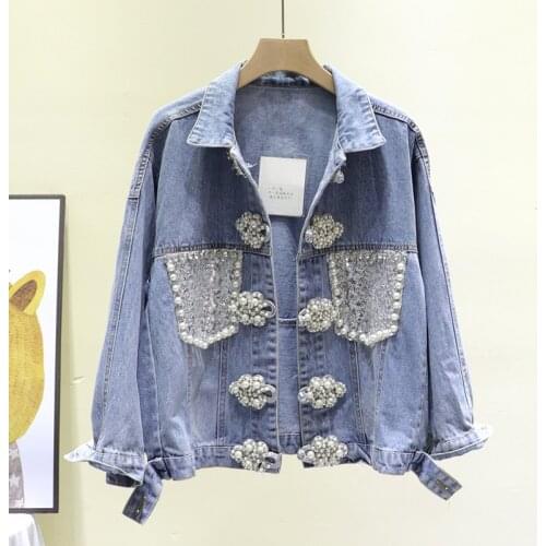 Spring 2021 Vintage Patch Diamond Sequin Pocket Blue Denim Jacket Women Loose Long sleeve Casual Jeans Jackets Vetement Femme