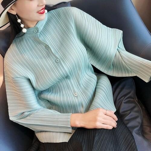 Miyake Pleated Clothing Autumn Winter Women 2021 Casual Stand Collar Shirts Korean Fashion Plus Size Tops Button Blouse