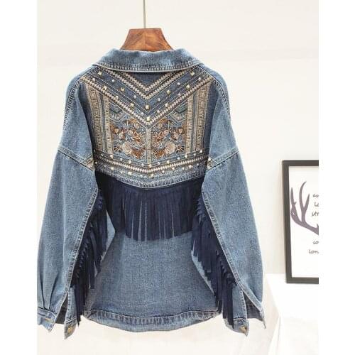 Womens autumn winter casual loose rivet tassel denim jacket female high waist punk embroidery plus size jean jacket TB801