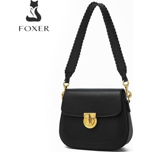 FOXER 2021 Ladies New Split Leather Shoulder Bag Fashion Girl Crossbody Saddle Bag Braided Shoulder Strap Underarm Woman Bag