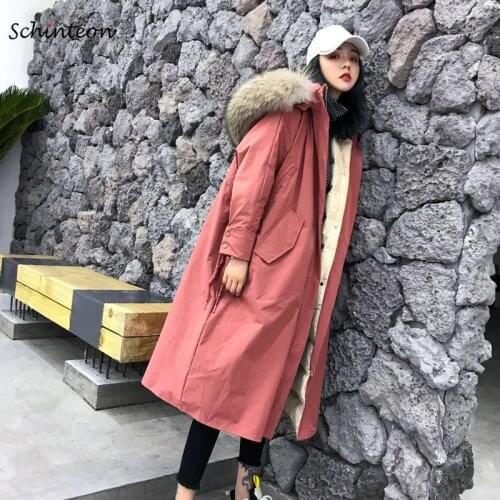 Schinteon Women Big Real Raccoon Fur Collar Down Jacket Over Size Loose Outwear Winter Warm Long White Duck Down Parka with Hood