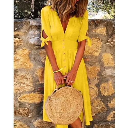Yellow Single Breasted Sexy Dress Party Clud High Waist Long Dress Elegant V Neck Women Midi Dresses Lantern Sleeve Wrinkle
