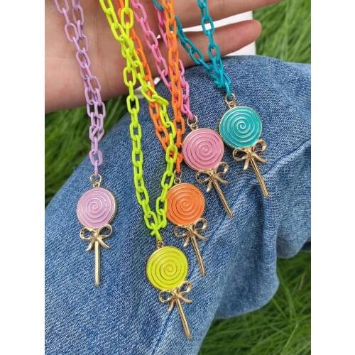 5Pcs Cute Trendy Lollipop Shape Enamel Gold Plated Pendant Chain Necklaces Gift Women Jewelry ,for Best Friends