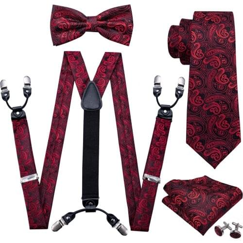 Fashion Pre-Bow Tie Red Paisley Silk Ties For Men Suspenders Handkerchief Cufflink Set Barry.Wang Designer wedding Gift S-2001