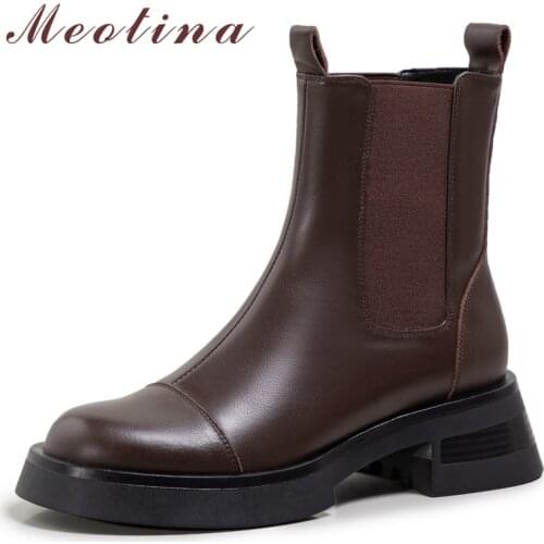 Meotina Women Genuine Leather Ankle Boots Thick Med Heel Chelsea Boots Round Toe Fashion Ladies Boots Autumn Winter Brown Black