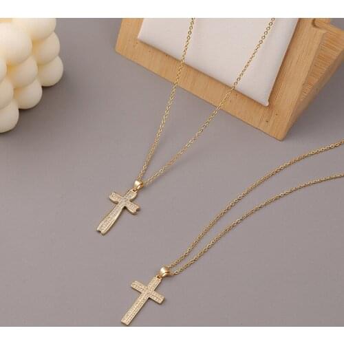 Minar Religious Copper Alloy Thin Chain Spark Cubic Zircon Geometric Cross Pendant Necklace for Women Ladies Accessories