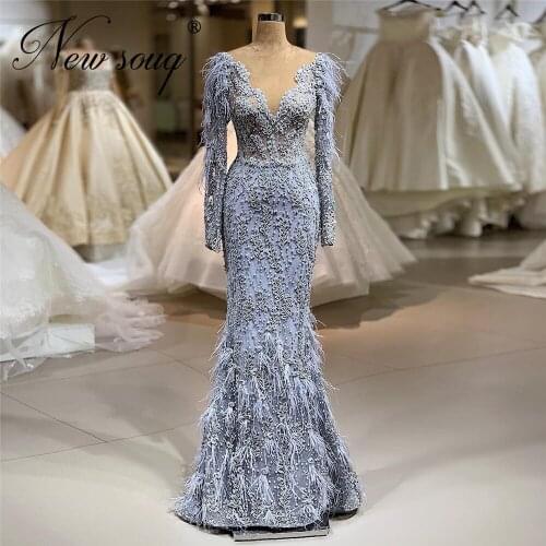 Arabia Dubai Dress 2020 Beaded Feathers Evening Gown Robe De Soiree Custom Long Crystals Prom Dresses Aibye Middle East Vestidos