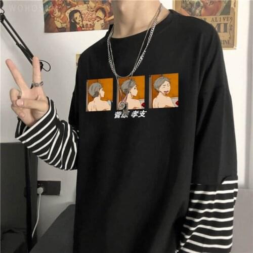 Harajuku Anime Haikyuu Oversized Long Sleeve T-shirt Funny Cartoon Volleyball Junior Sugawara Koushi Hip Hop Fake Two T Shirts