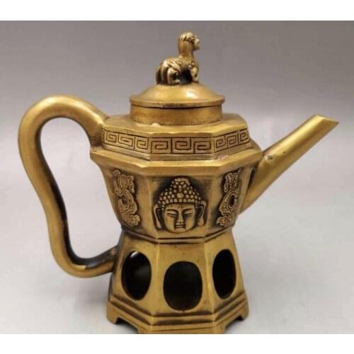 Chinese Antique Brass hand-made Buddha head teapot flagon Home decoration