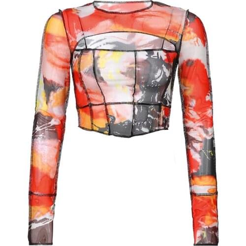 NEWDISCVRY Printed y2k Crop Top Mesh Contrast Long Sleeve T Shirt O Neck Cut Out Pullovers Women Vintage Harajuku Tee Tops 90s