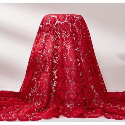 Lace Fabric Red African Guipure Sequins Lace Fabric 2021 Water Soluble Sewing Sequins Embroidery Fabrics Dresses For Women A2525