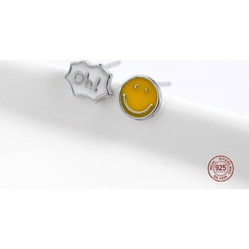 LKO Smiley Face OH Asymmetric Stud Earrings S925 Sterling Silver Earrings Cute Cartoon For Girls Earrings Jewelry Ornaments